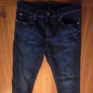 Uniqlo UJ Slim Straight Jeans Men 31x32 Blue Dark Wash Whiskered Fade Stretch